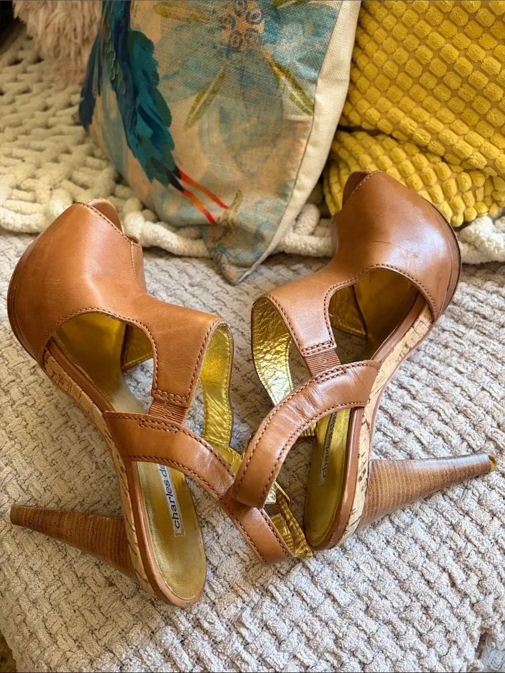 Charles David Tan Leather Peep-Toe Platform Slingbacks Size 7.5B